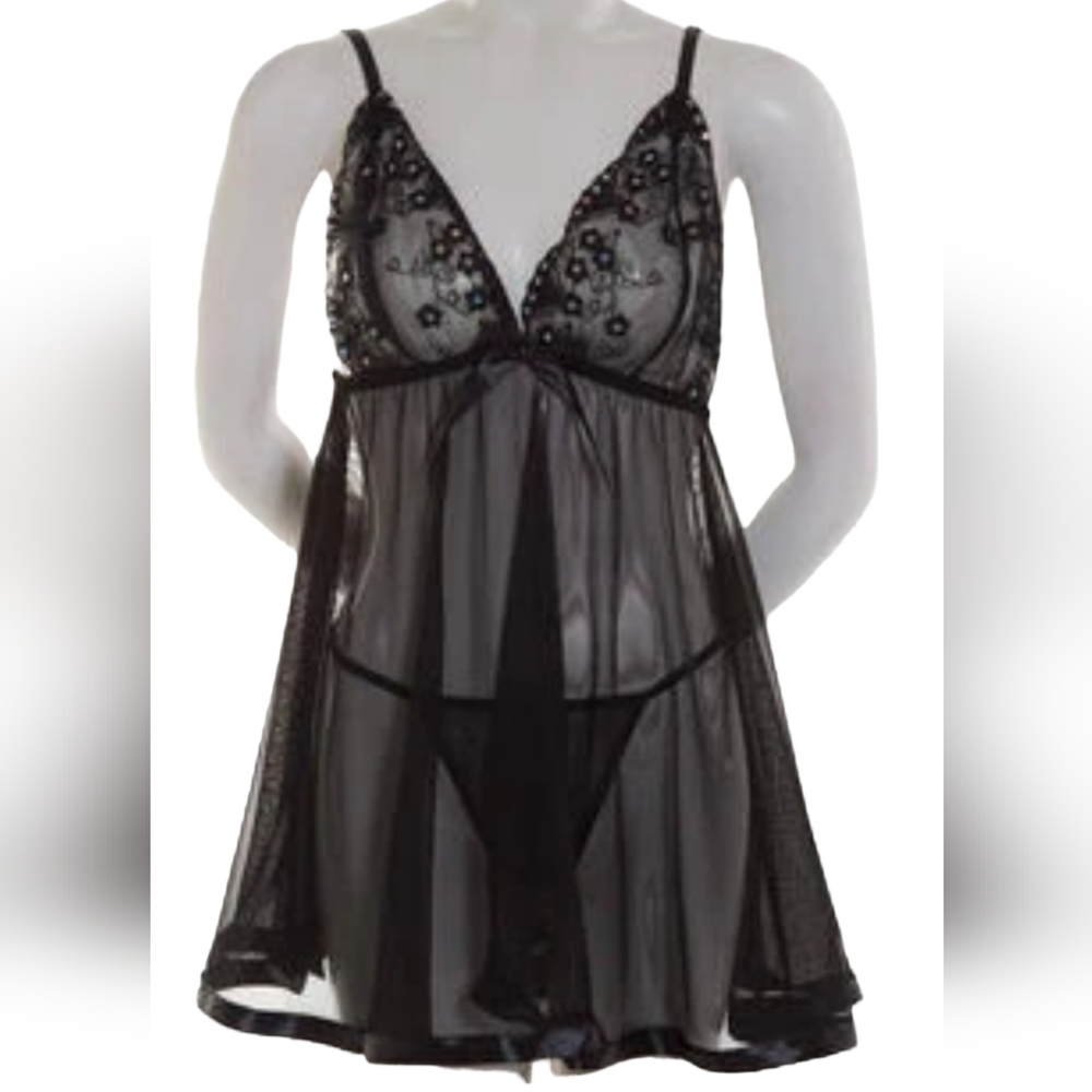 💕NWT Spree Intimates Women Mesh Triangle Cup Sequin Babydoll Set💕Size L